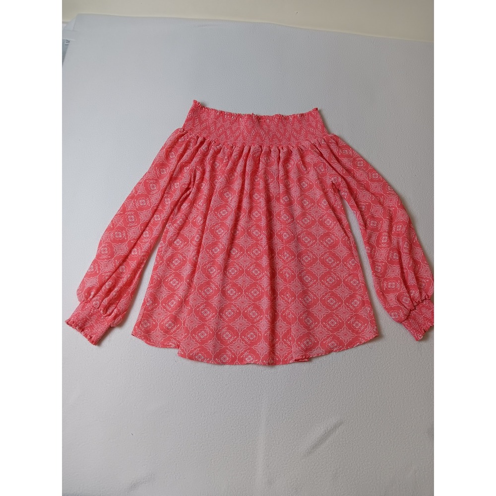 Macbeth Collection Margaret Josephus Coral Pink Smocked Off Shoulder Blouse M